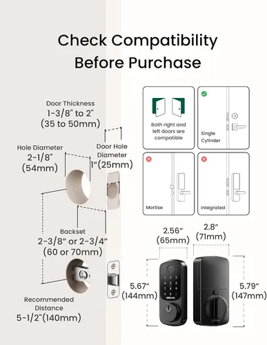 Miniatura 7 de DESLOC Smart Lock B200 versión WiFi, cerradura de puerta de entrada sin llave de huellas dactilares, control remoto de aplicación, cerraduras Negro