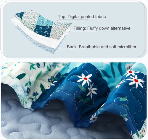 Miniatura 5 de Whale Flotilla Colcha de retazos tamaño individual, colcha floral bohemia extra suave para cama, reversible, ligero, juego de ropa de cama con 1 Azul