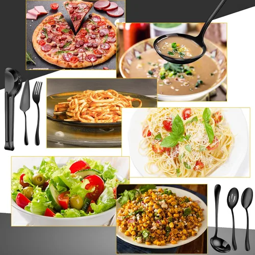 Miniatura 5 de Thenshop Juego de 30 utensilios de servir de acero inoxidable que incluye cucharas grandes, cucharas ranuradas, tenedores, cucharón de sopa, tarta