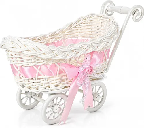 POPETPOP Carrito de bebé de mimbre: cesta de mimbre para muñeca de bebé con carrito de cochecito, cesta de caramelos, decoración de carro vintage