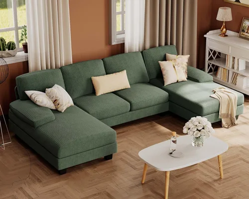 Miniatura 13 de Furmax - Sofás seccionales para sala de estar, sofá en forma de U con tela de lino, juego de sofá de 4 plazas con doble chaise para apartamento Beige