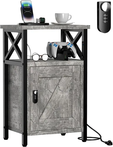 runjuly Mesita de noche de madera con cerradura, mesa auxiliar de cama con cajones, mesita de noche con estación de carga, 3 USB y 2 tomas, mesita