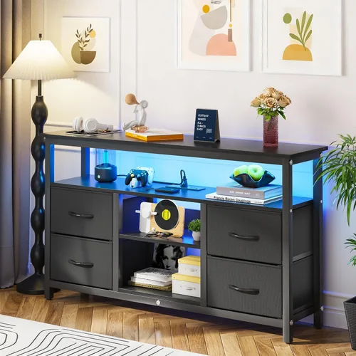 Miniatura 8 de Haewon - Soporte de TV negro con luces LED y tomas de corriente, centro de entretenimiento para TV de 55 pulgadas, mesa de consola de medios con 4