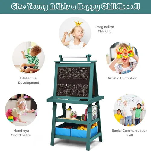 Miniatura 9 de Caballete de arte HONEY JOY para niños, caballete doble de 3 en 1 para niños pequeños de madera con pizarra blanca magnética y pizarra, rollo