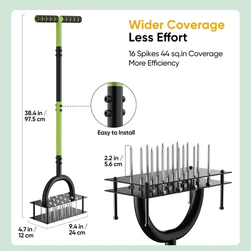Miniatura 3 de Grenebo Aireador manual de césped con 16 picos, aireador de césped de metal para patio, aireación de césped, eyección automática de suelo, Verde