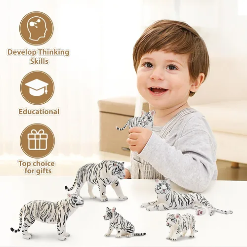 Miniatura 7 de Toymany 6 figuras realistas de tigres blancos con cachorros de tigre, figuras familiares de animales de la selva de 2 a 6 pulgadas, incluye tigres