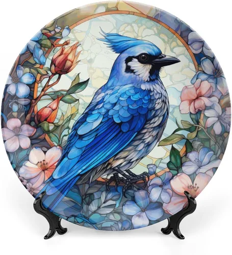 Miniatura 8 de Platos decorativos, pájaro azul y flores, pintura de vitrales, plato de cena de cerámica para el hogar con soporte de exhibición, decoración