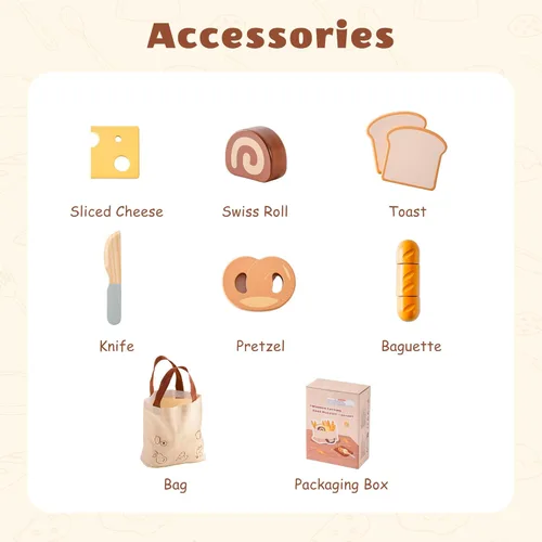 Miniatura 8 de ROBOTIME Juego de Comida de Juguete de Madera para Cortar Pan, Juguete de Comida de Simulación para Cocina de Juguete con Bolsa de Compras