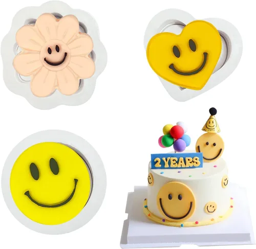Moldes de silicona para fondant de cara sonriente (3 unidades), molde de silicona para decoración de pasteles de flores sonrientes para cupcakes,