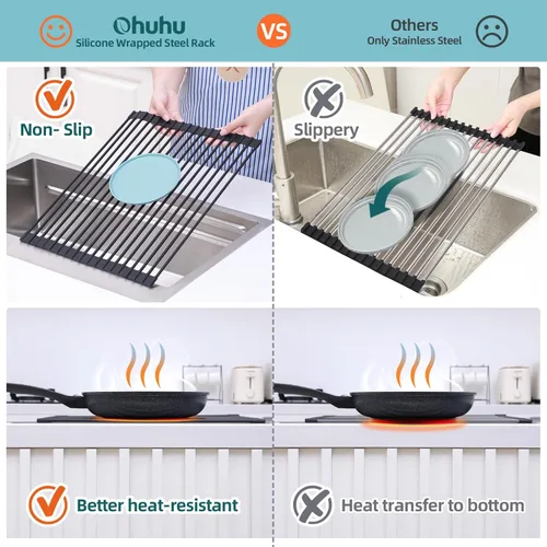 Miniatura 4 de Ohuhu Escurreplatos Enrollables, 16.5" L x 13" A Escurridor de Platos Sobre el Fregadero Estante de Secado Organizador de Fregadero de Cocina