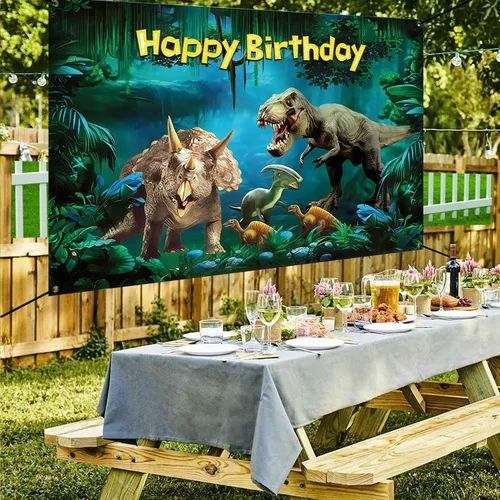 Miniatura 2 de Renaiss Cartel de feliz cumpleaños de 6 x 3.6 pies, decoración de fiesta de dinosaurios, jurásico, cretácico, selva, loca, aventura, fondo
