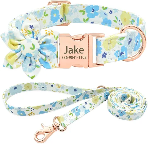 Miniatura 17 de Collar de perro con bonito lazo personalizado con nombre, collar floral personalizado con hebilla dorada grabada para perras pequeñas, medianas