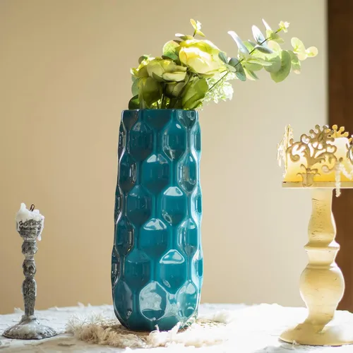 Miniatura 8 de Bdor Jarrón de cerámica, florero de flores de 11 pulgadas, jarrón de panal azul para decoración de habitación, detalles modernos de decoración