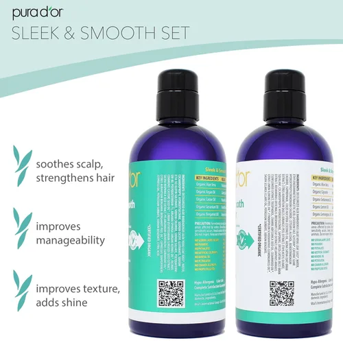Miniatura 4 de PURA D'OR Elegante y suave juego de champú y acondicionador para cabello liso sin encrespamiento y sedoso, infundido con aloe vera orgánico, aceite