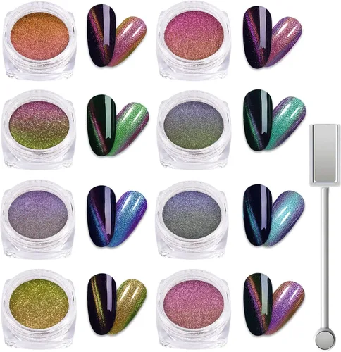 Miniatura 7 de Laza Polvo de Uñas Cromado Camaleón, 8 Colores Uñas Glaseadas Donut Pigmento Metálico con Efecto Espejo, Purpurina para Uñas Aurora Iridiscente Kit