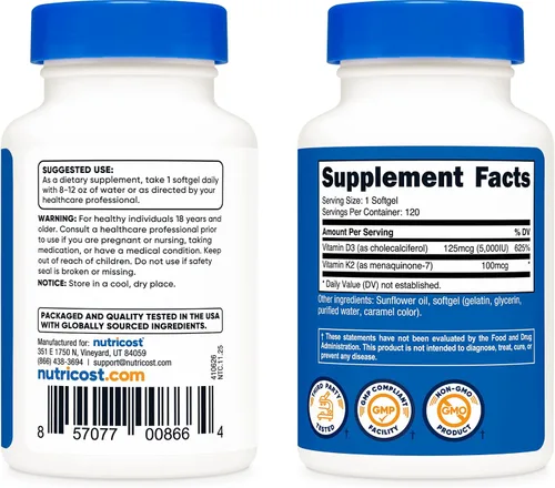 Miniatura 4 de Nutricost Vitamina K2 (MK7) (100mcg) + Vitamina D3 (5,000 UI) 120 Cápsulas Blandas - Sin Gluten y Sin OMG