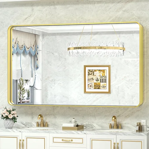Miniatura 60 de TokeShimi Espejo redondo dorado de 36 pulgadas, espejo redondo de baño para pared con aleación de aluminio antioxidante, marco de metal dorado Oro