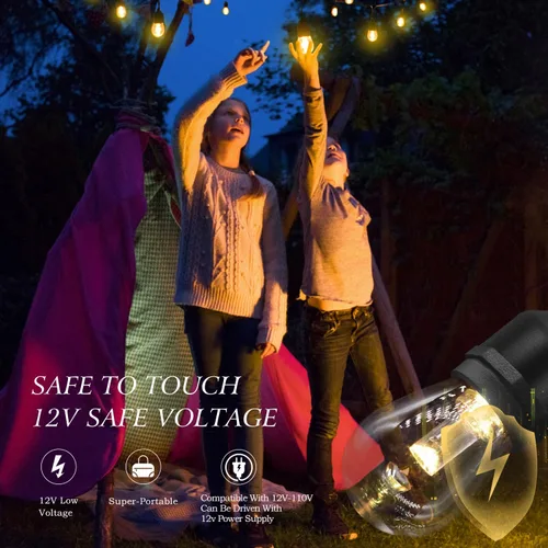 Miniatura 6 de GANA - Tira de luces LED de bajo voltaje de 12V y seguras para exteriores, 32 pies, 10 bombillas inastillables, 2200K, luz blanca cálida