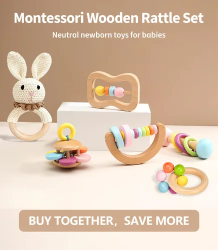 Miniatura 2 de 6 piezas de sonajero de madera para bebé, juego de sonajeros de mano de bebé orgánicos coloridos, sonajeros de madera para bebés de 0-6-12 meses