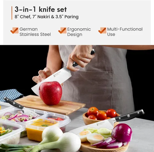 Miniatura 2 de Juego de cuchillos de cocina de 3 piezas, incluye cuchillo de chef de 8 pulgadas, Nakiri de 7 pulgadas, pelado de 3.5 pulgadas, cuchillas de acero