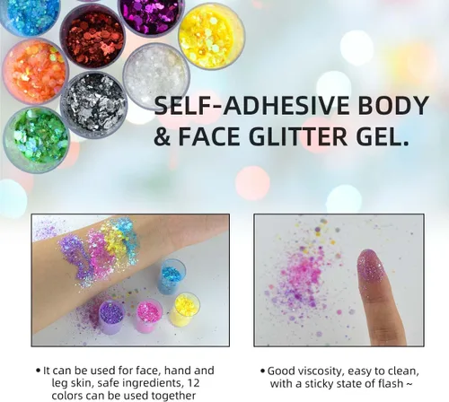Miniatura 5 de 12 colores de purpurina gruesa para la cara, sin pegamento, cosmética para el cuerpo, uñas, ojos, arte del cabello, vaso de resina holográfica