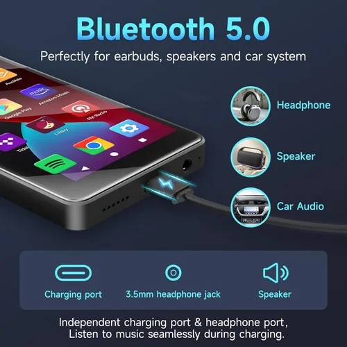 Miniatura 7 de PECSU Reproductor de MP3 con Bluetooth 5.0 y WiFi, sistema Android 14 con Spotify, Audible y Play Store, pantalla táctil de 4 pulgadas, duración