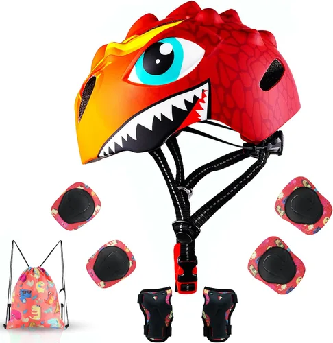 Toddler Helmet Kids Bike Helmet for 2 3 4 5 6 7 8 Years Old Girls with 3D Dinosaur Design Protective Gear Set and Safety Certified, Toddler Bike Rojo