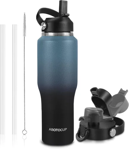 Miniatura 18 de ABOTOCUP Botella de agua de 40 onzas, botella de agua aislada con asa y tapas con popote, botella de agua de acero inoxidable que cabe en cualquier