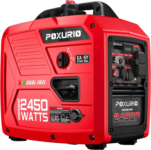 Generador inversor de combustible dual de 2450 vatios para uso doméstico, tanque de combustible grande de 1.6 galones hasta 8.3 horas de uso,