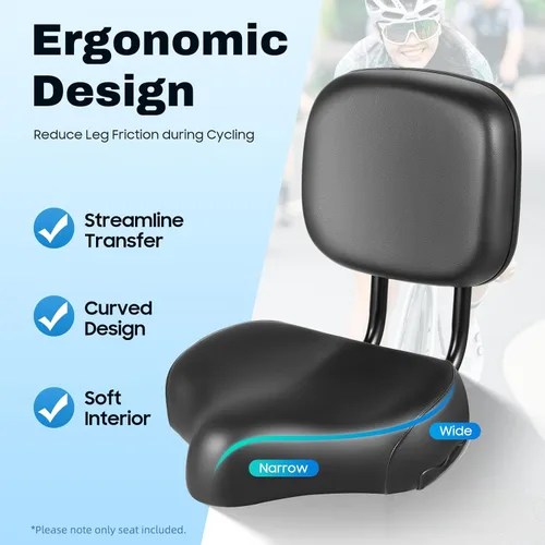 Miniatura 2 de Asiento de bicicleta con respaldo de gran tamaño, cómodo, repuesto de silla de montar de bicicleta, espuma viscoelástica suave, acolchado de piel