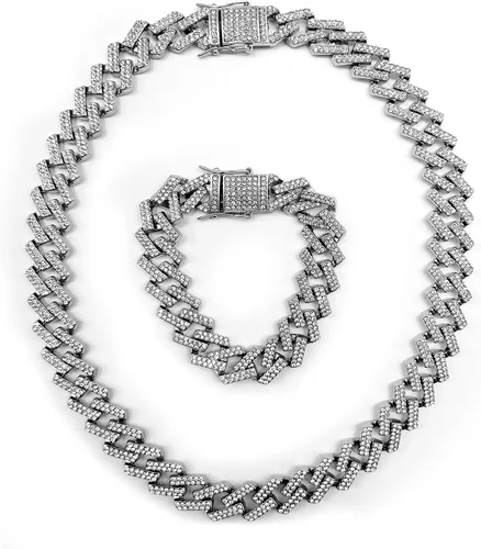 Miniatura 6 de 2 collares cubanos de cadena cubana de 0.59 pulgadas (0.591 in), pulsera cubana de plata con purpurina de diamantes de rap hip-hop, collar