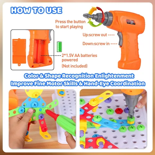 Miniatura 4 de 224 juguetes de construcción STEM para niños de 4 a 8 años, juego creativo de taladro de mosaico con taladro eléctrico y destornillador, kit