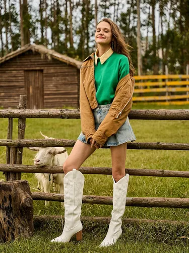 Miniatura 5 de Mostrin Botas vaqueras bordadas para mujer, botas vaqueras con punta puntiaguda, botas altas hasta la rodilla, tacón grueso, botas occidentales