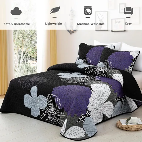 Miniatura 2 de Juego de edredón floral morado, tamaño Queen, juego de edredón de 3 piezas con patrón de flores moradas, colcha acolchada ligera de microfibra suave