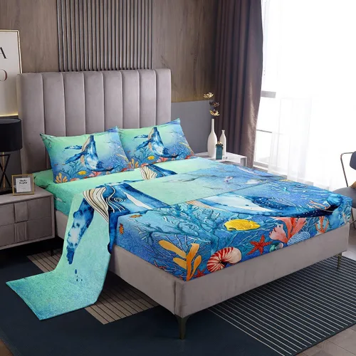 Juego de sábanas de ballena tamaño individual, juego de sábanas de ballena verde azulado para niños, decoración del océano, sábana bajera ajustable