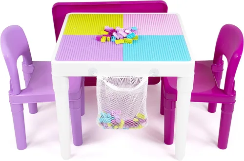 Humble Crew - Juego de mesa de actividades para niños y 2 sillas, rosa/morado/blanco - Mesa de juego para niños pequeños 2 en 1 Compatible con