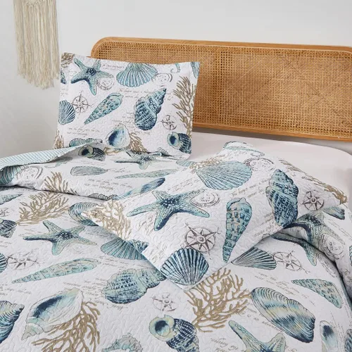 Miniatura 6 de 3 piezas de colcha de conchas de playa tamaño Queen, diseño de tema oceánico, conchas de mar, concha de concha, colcha de verano ligera y delgada