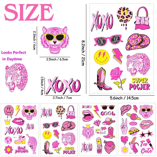 Miniatura 2 de Konsait Tatuajes temporales de neón, 48 estilos Tatuajes de vaquera de discoteca rosa con luz negra para despedidas de soltera y fiestas