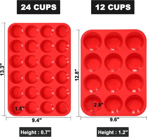 Miniatura 6 de Anaeat Juego de moldes de silicona para magdalenas, 12 tazas regulares y mini 24 tazas de moldes para hornear cupcakes con flexible y antiadherente