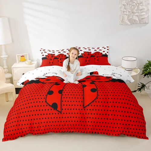 Juego de funda de edredón con lazo de dibujos animados para niños, tamaño individual, juego de ropa de cama de mariquita, escarabajo, insecto,