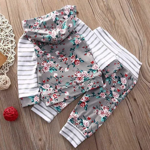 Miniatura 2 de Conjunto de dos piezas con sudadera de flores, con capucha, bolsillo y pantalones a rayas, para bebé (niña), 0-6 meses, gris