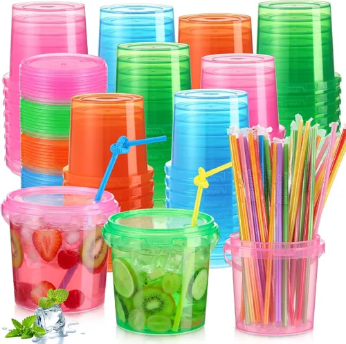 Miniatura 12 de Funnymoom Paquete de 36 cubos de plástico para ron para bebidas con pajita, cubeta de cóctel para helado, con tapas y asas, recipientes de alimentos