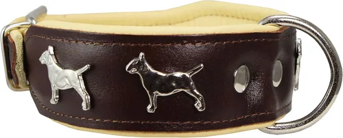 Miniatura 3 de Collar de perro acolchado de cuero suave de cuero real, Bull Terrier, 1.75 pulgadas de ancho. (Cuello de 13 a 15.25 pulgadas, marrón/beige)