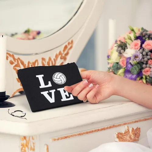 Miniatura 7 de Weewooday 12 bolsas de maquillaje de voleibol, bolsas de lona para cosméticos con palabras, estuche de almacenamiento portátil de voleibol, bolsas