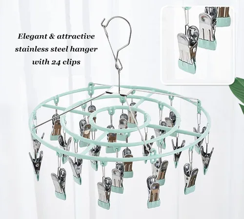 Miniatura 6 de Estante de secado de calcetines de ropa de acero inoxidable con 24 clips, gancho giratorio a prueba de viento para calcetines, brasieres, toallas