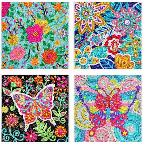 ZUYUSUT Paquete de 4 bonitos kits de pintura de diamantes con flores de mariposa para niños y niñas de 3 a 12 años, manualidades, juegos de pintura