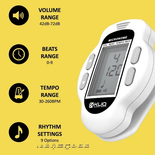 Miniatura 4 de KLIQ MicroNome - Mini metrónomo digital recargable - con altavoz (volumen digital, ritmo y ajuste de tempo) diseñado para su uso con piano, Blanco