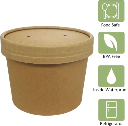 Miniatura 4 de Vasos de papel para helado con tapas de papel, tazas de sopa caliente/fría con tapas (kraft) (50, 12 onzas)