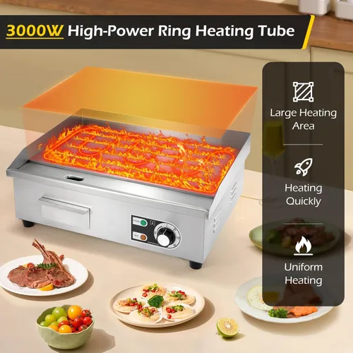 Miniatura 2 de Dyna-Living Plancha eléctrica comercial de 22 pulgadas, parrilla superior plana de 3000 W, plancha eléctrica de acero inoxidable, antiadherente