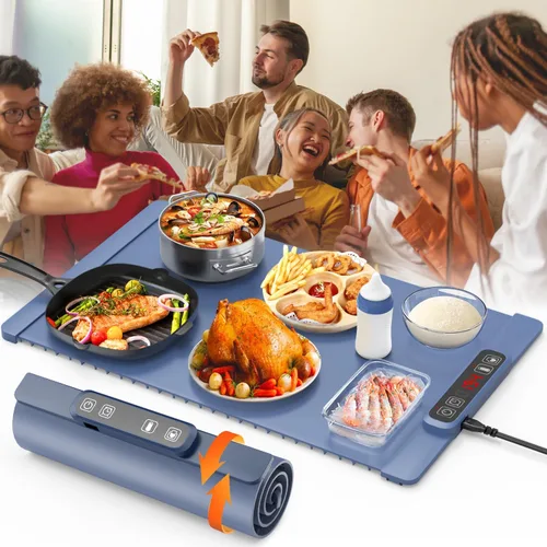 Bandeja de calentamiento eléctrica - Calefacción de superficie completa, enrollable y portátil, material nano de silicona premium, 5 ajustes de